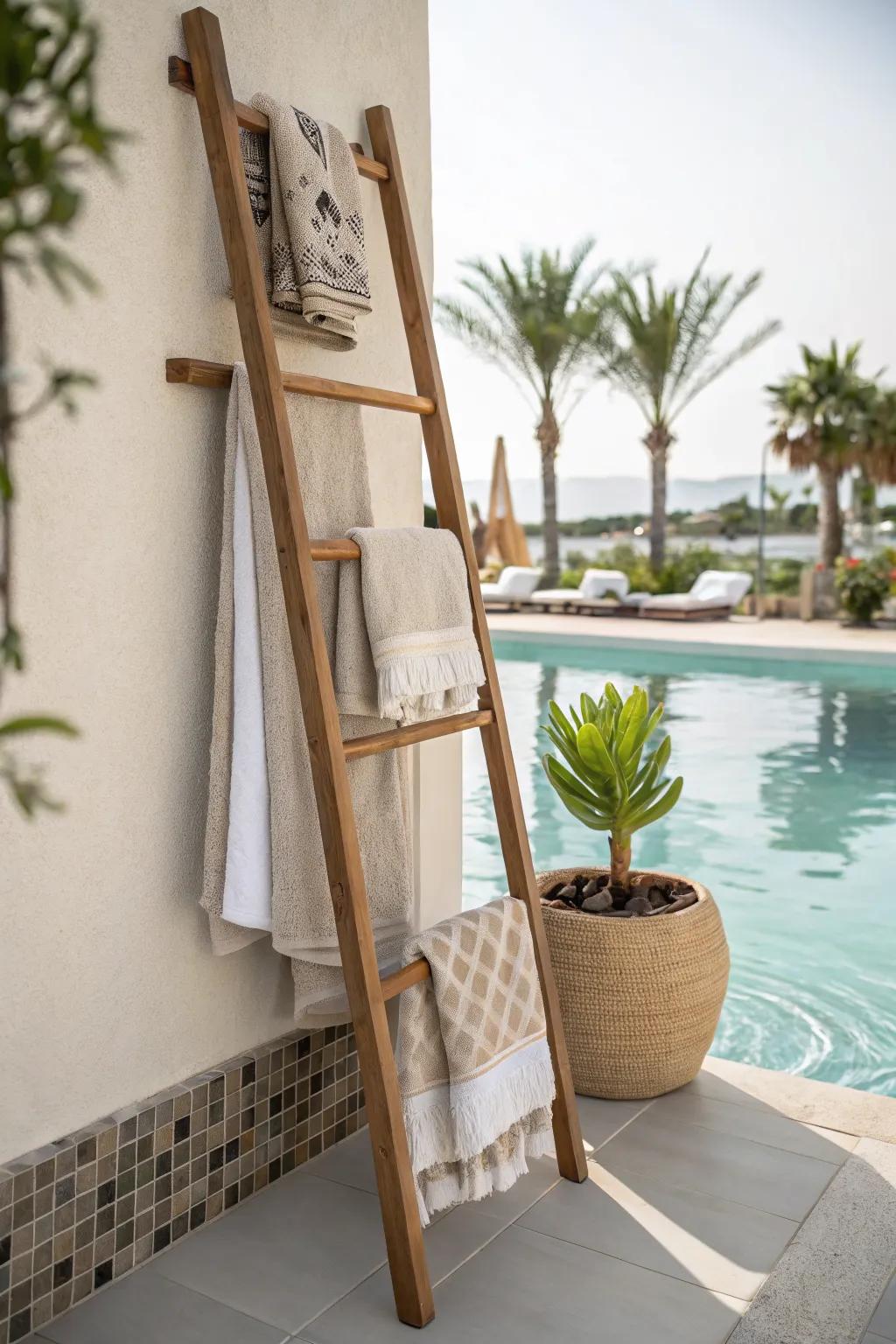 Wooden ladder racks bring rustic charm to your pool area.