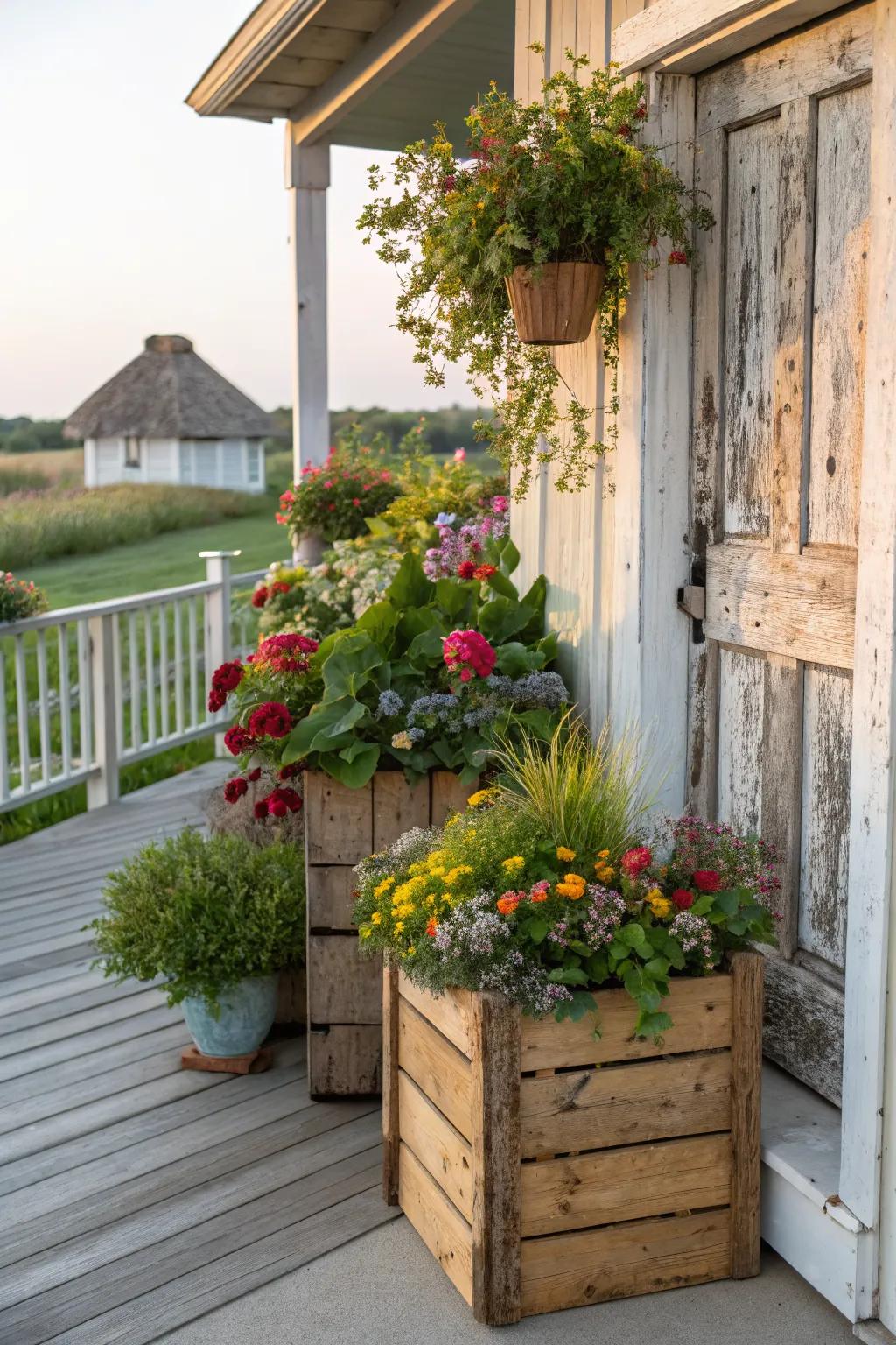 Wooden crates offer a rustic twist to your garden decor.