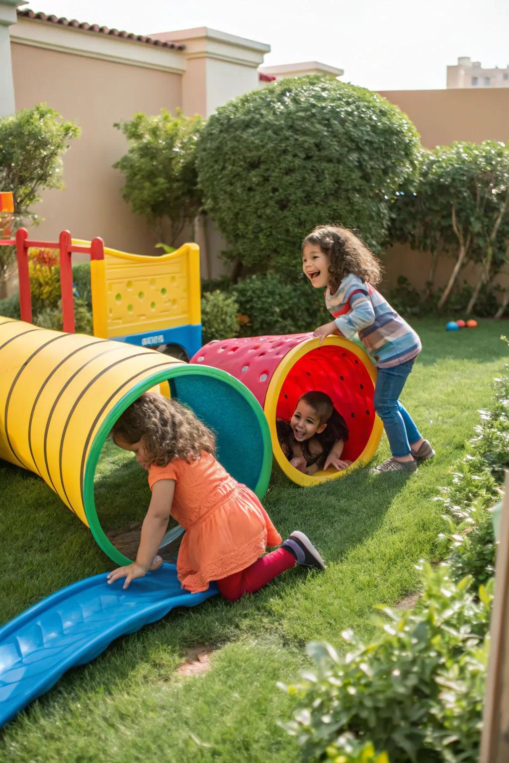 Imaginative play structures with slides and tunnels in a backyard.