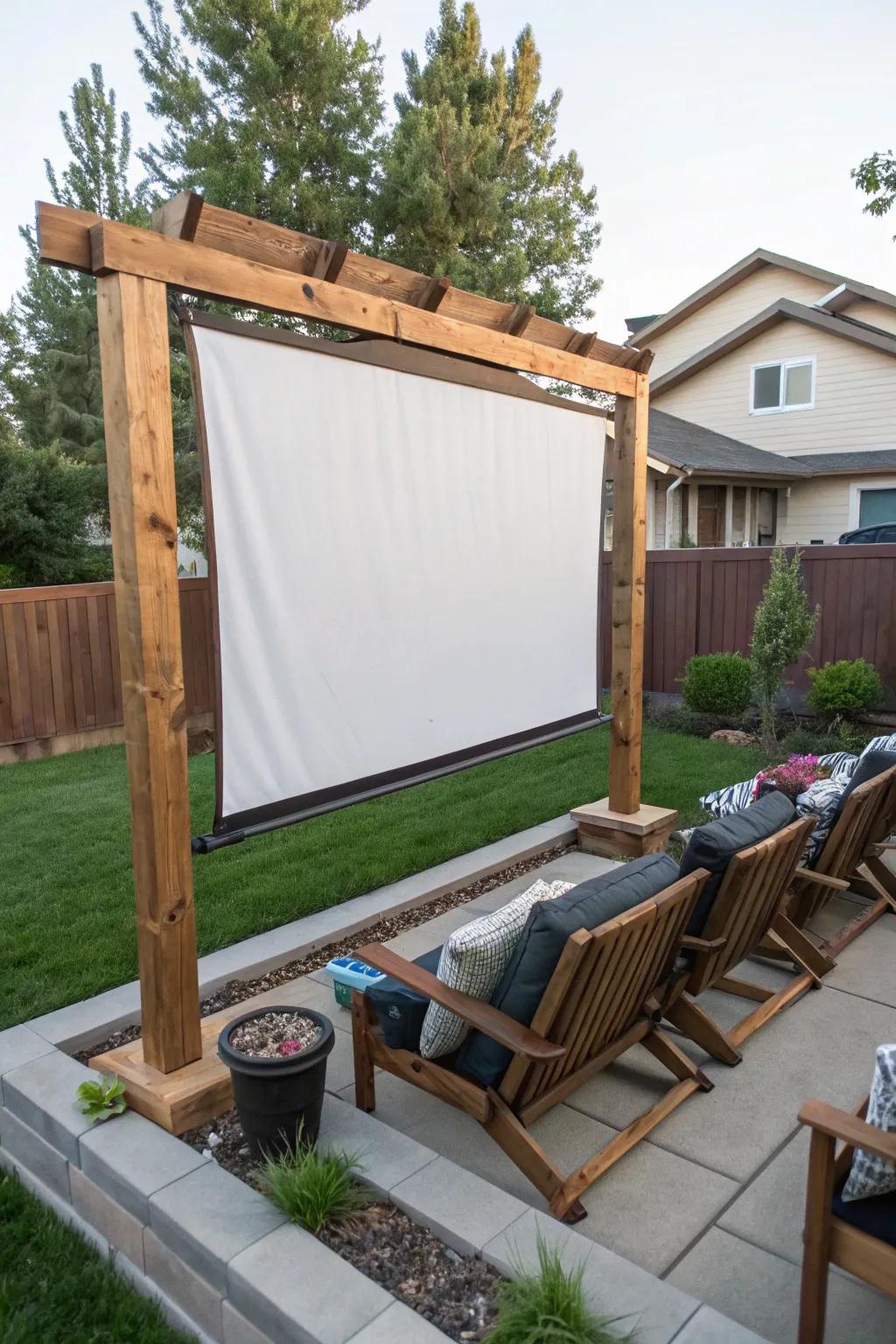 A rustic wooden frame elevates your outdoor movie nights into a sophisticated experience.