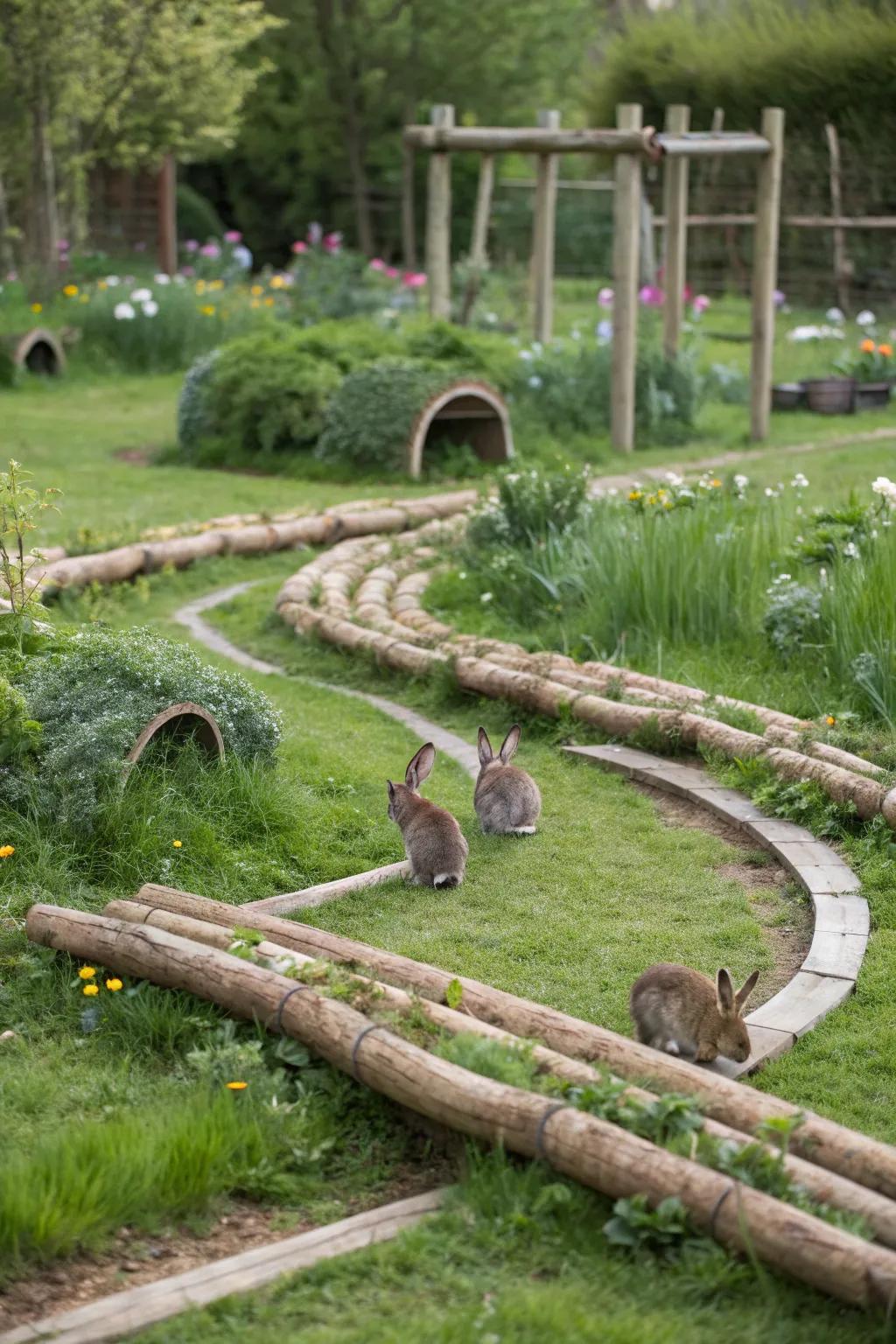 A garden featuring playful rabbit tunnels crafted from logs.