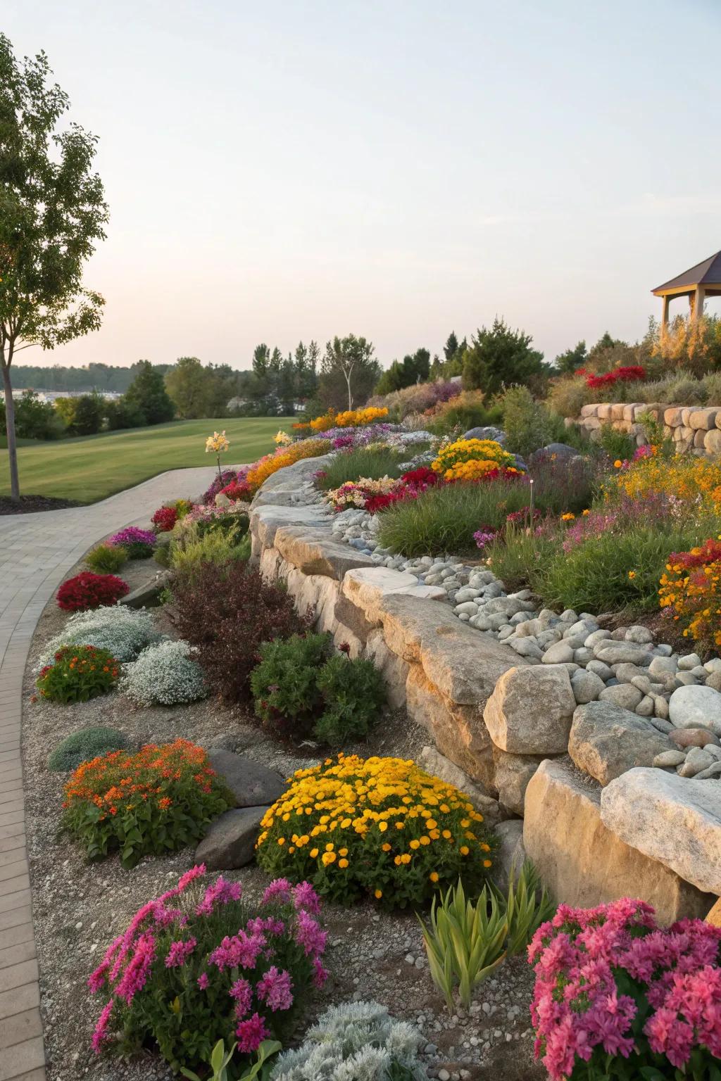 Rock borders offer a clean and organized look to garden spaces.