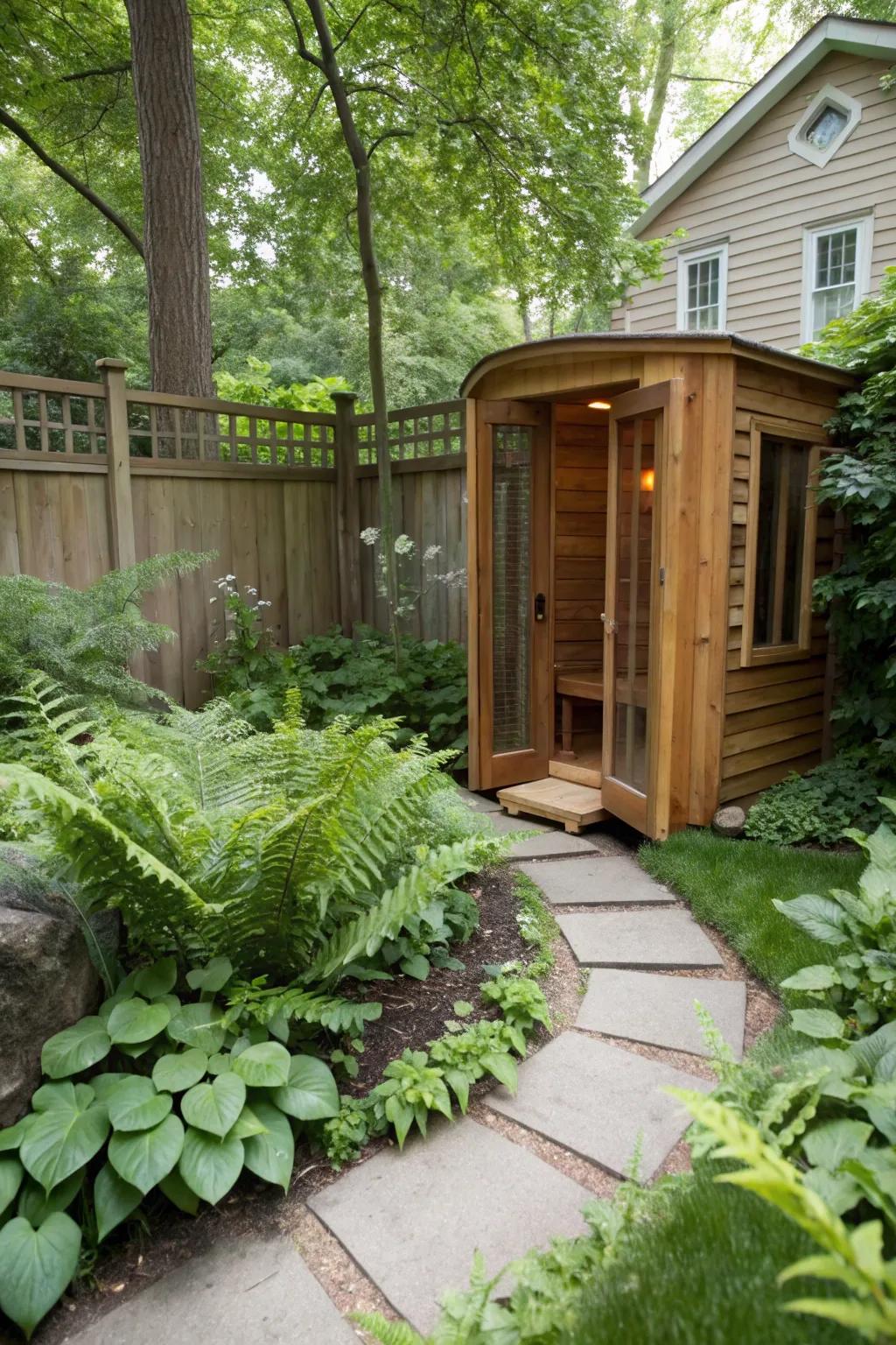 Lush greenery envelops this sauna, offering a peaceful retreat.