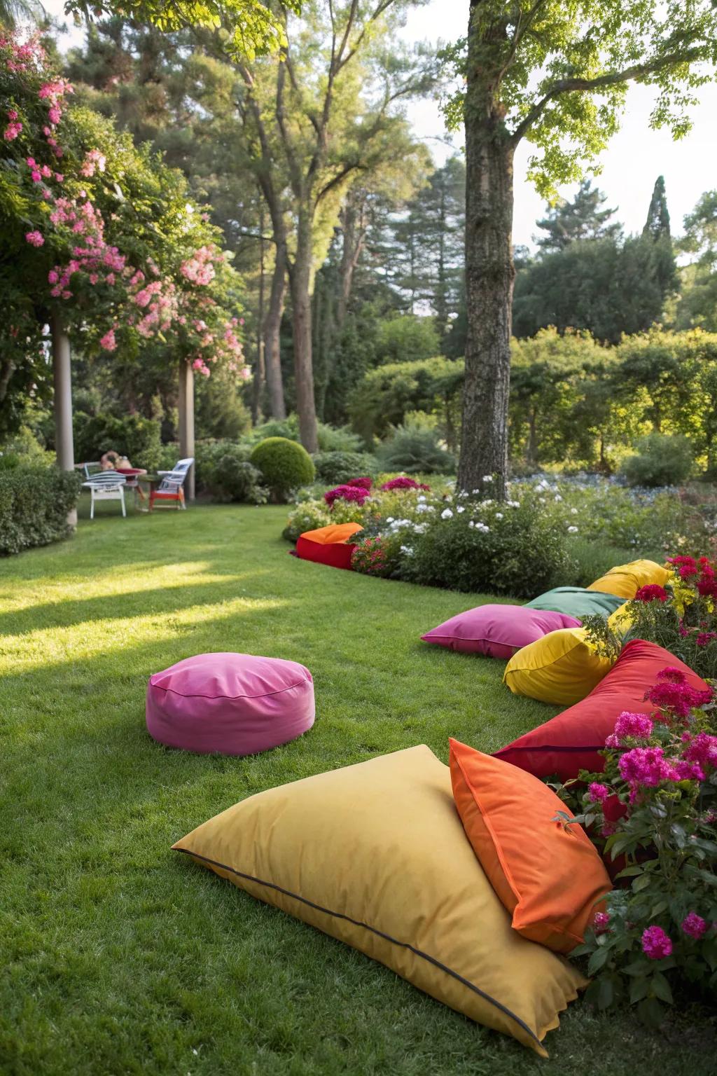 Invite relaxation with a cushion-filled garden corner.