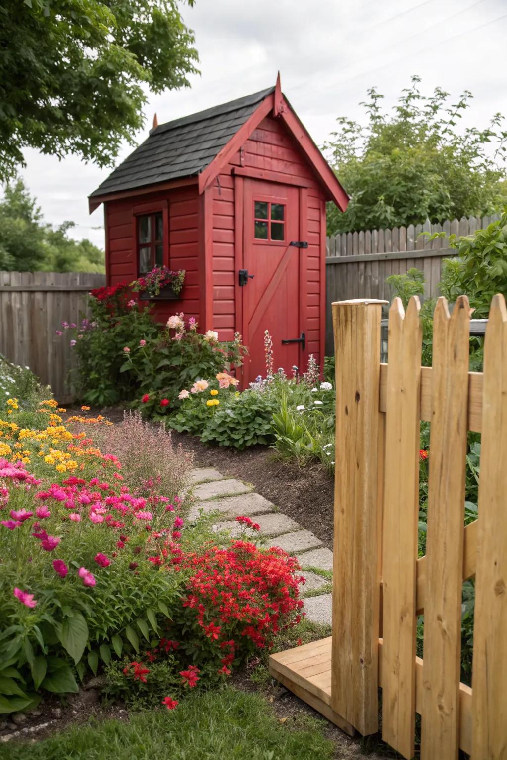 A bold red shed adds character and warmth to the garden.
