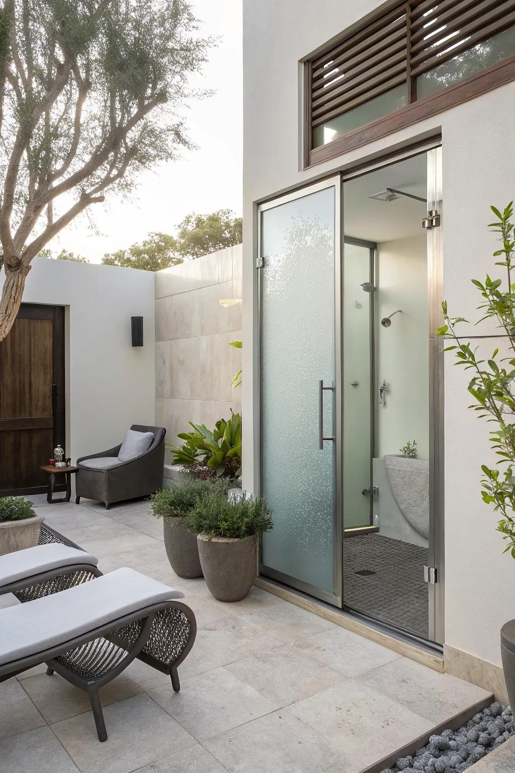 A contemporary outdoor shower featuring a frosted glass door, offering a perfect balance of privacy and style.