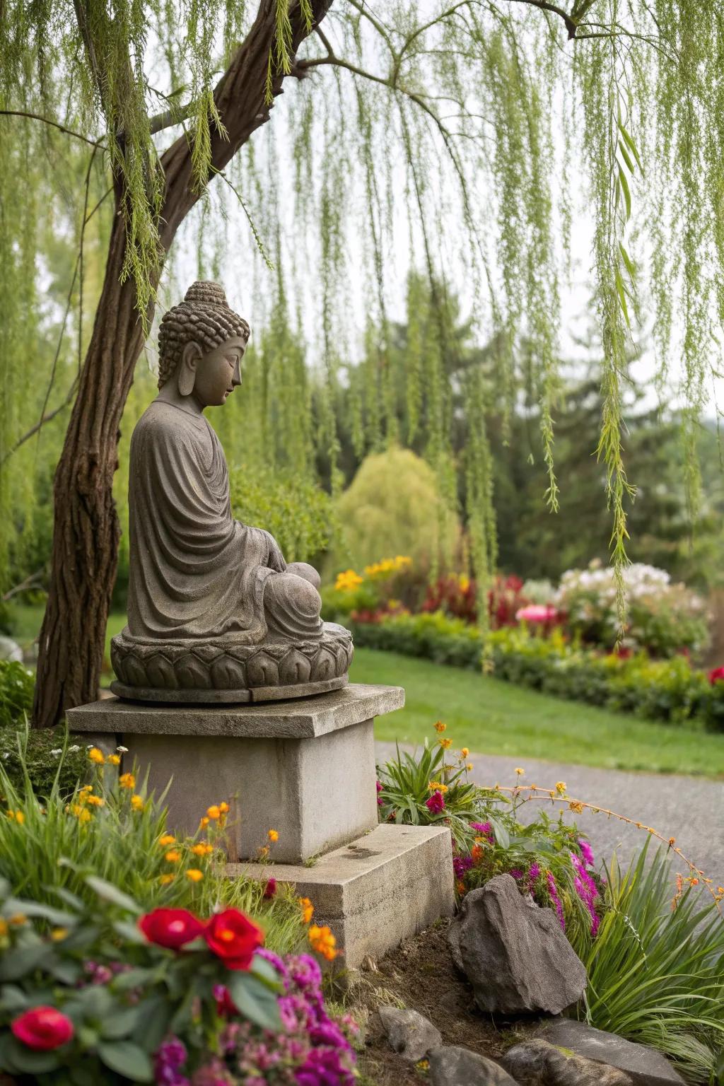 A Buddha statue adds a peaceful presence to any garden