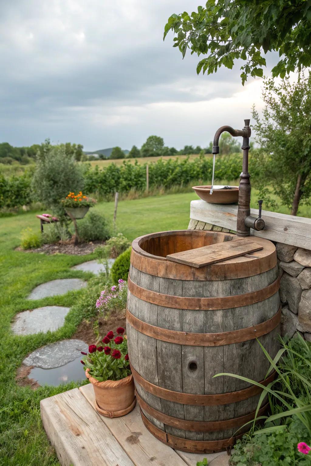 A unique outdoor sink crafted from a repurposed whiskey barrel.
