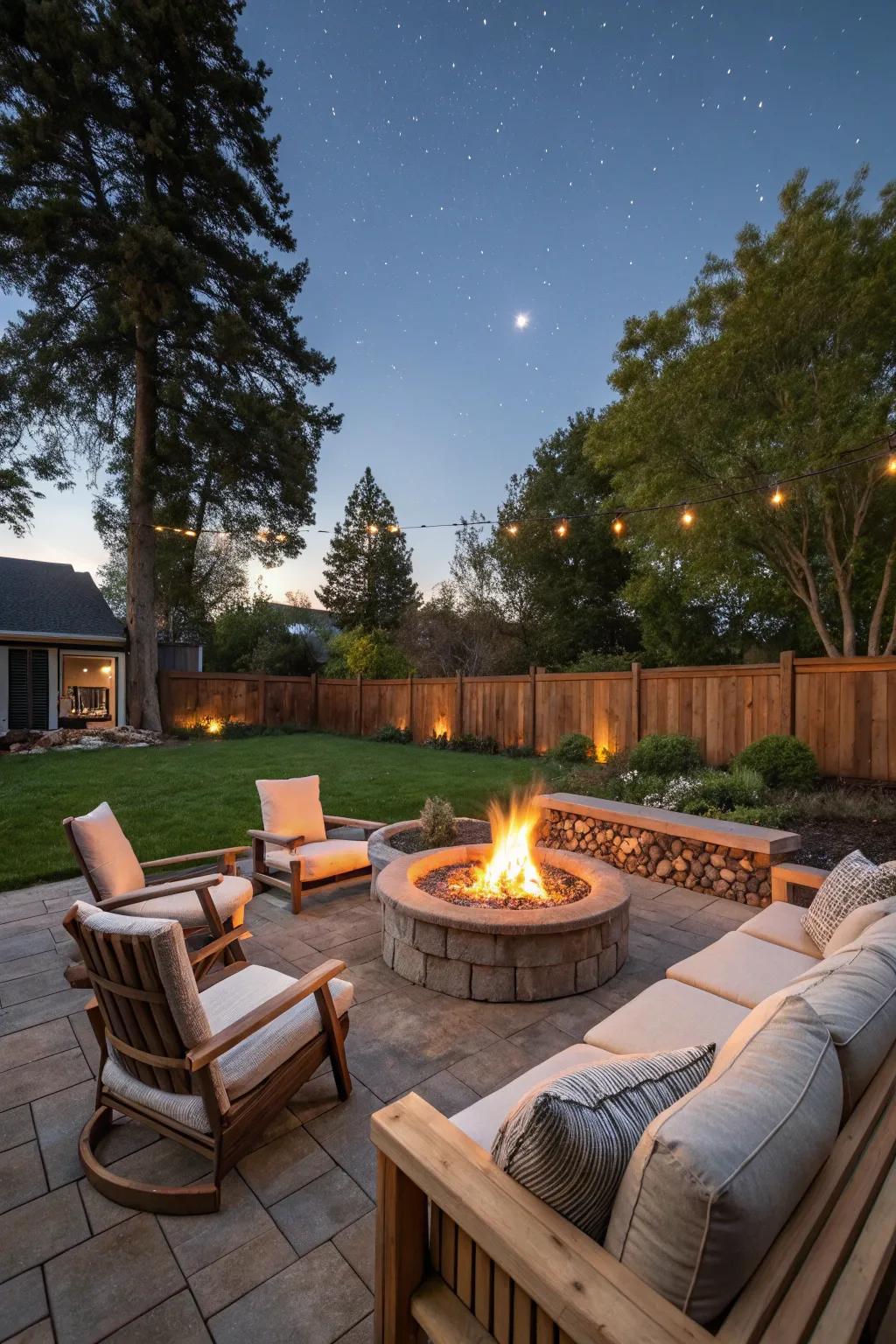 An inviting fire pit area with cozy seating, perfect for evening gatherings.
