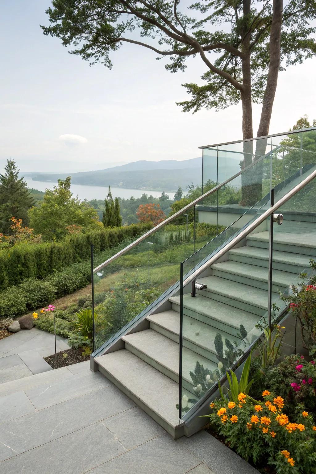 Glass panel railings offer a modern touch with uninterrupted views.