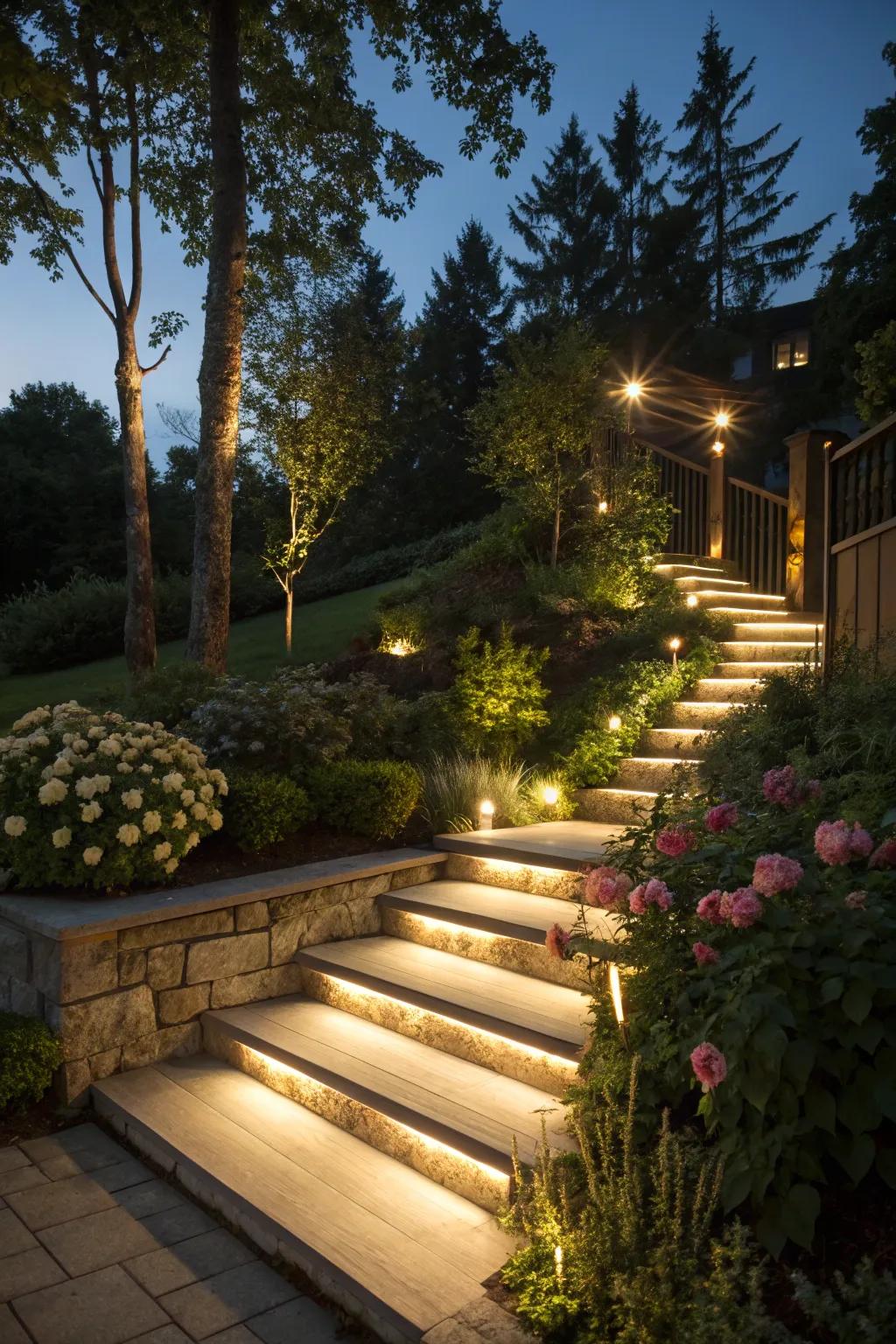 Integrated LED lights add safety and ambiance to outdoor stairs.
