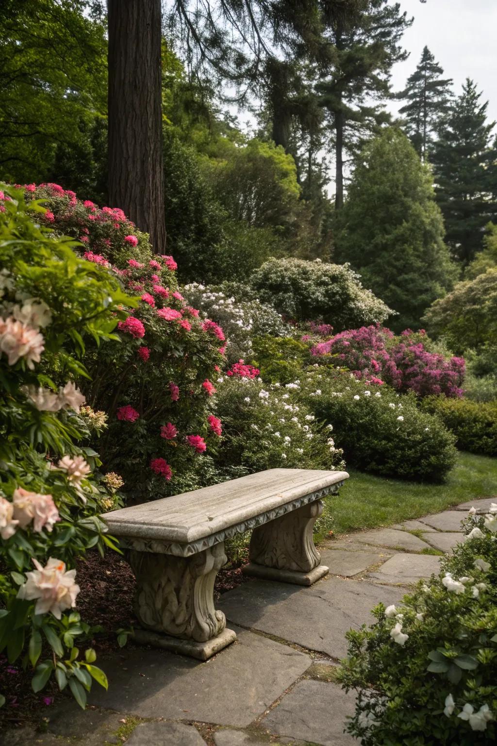 A serene garden sanctuary with a stone bench.