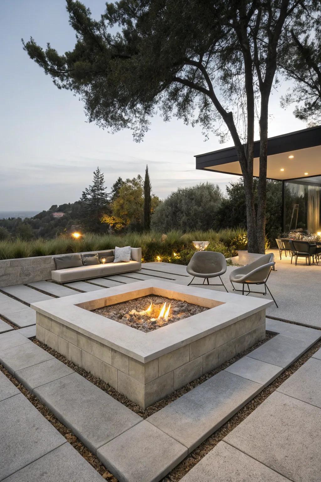 A modern square stone fire pit offering a sleek and stylish gathering spot.