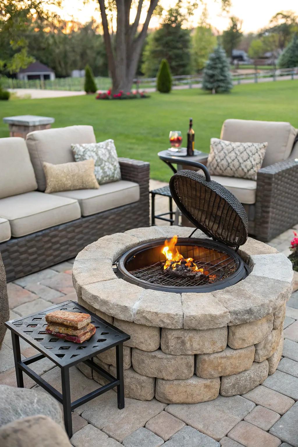 A stone fire pit that's perfect for grilling and gathering.