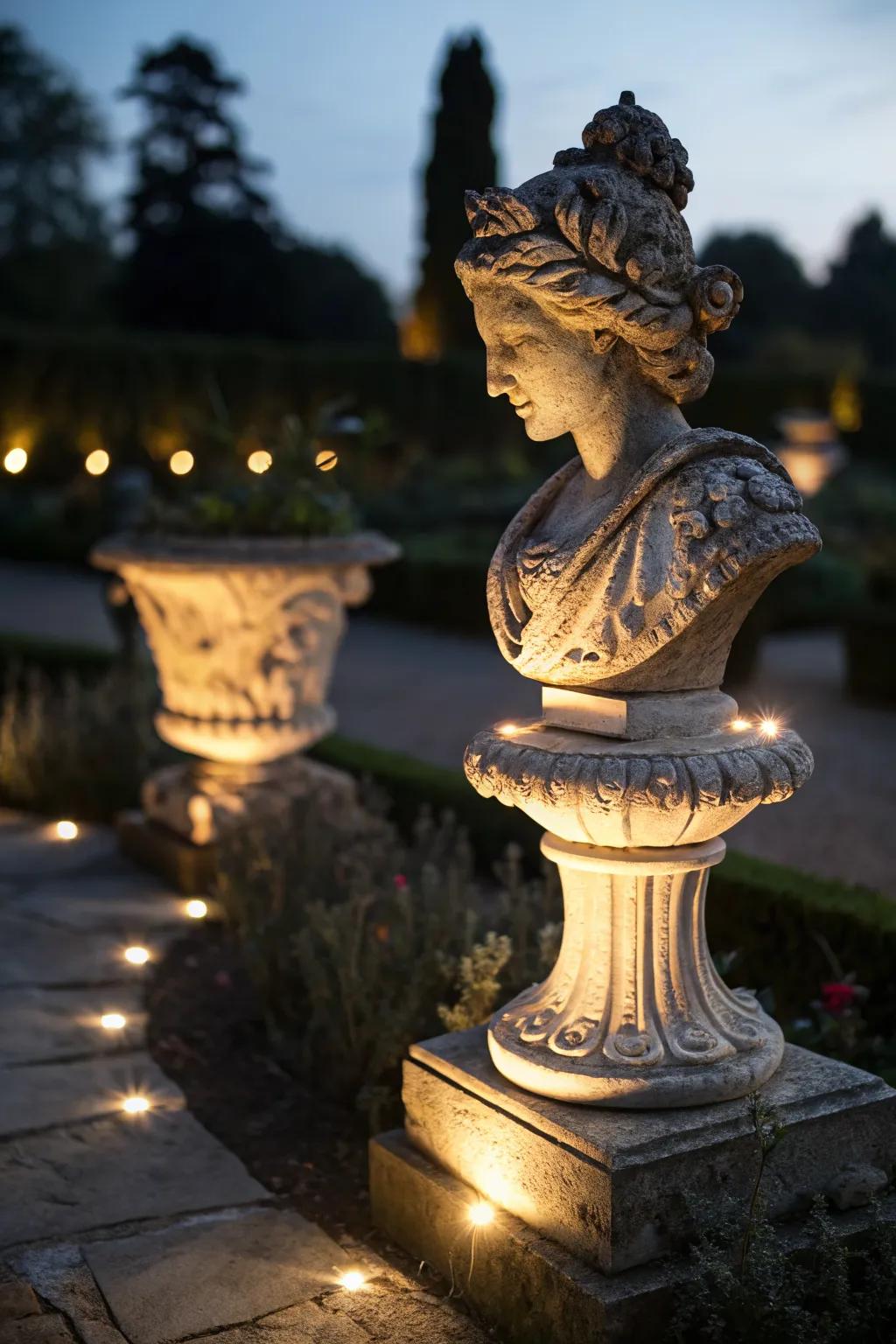 Accent lighting transforms garden features into nighttime focal points.