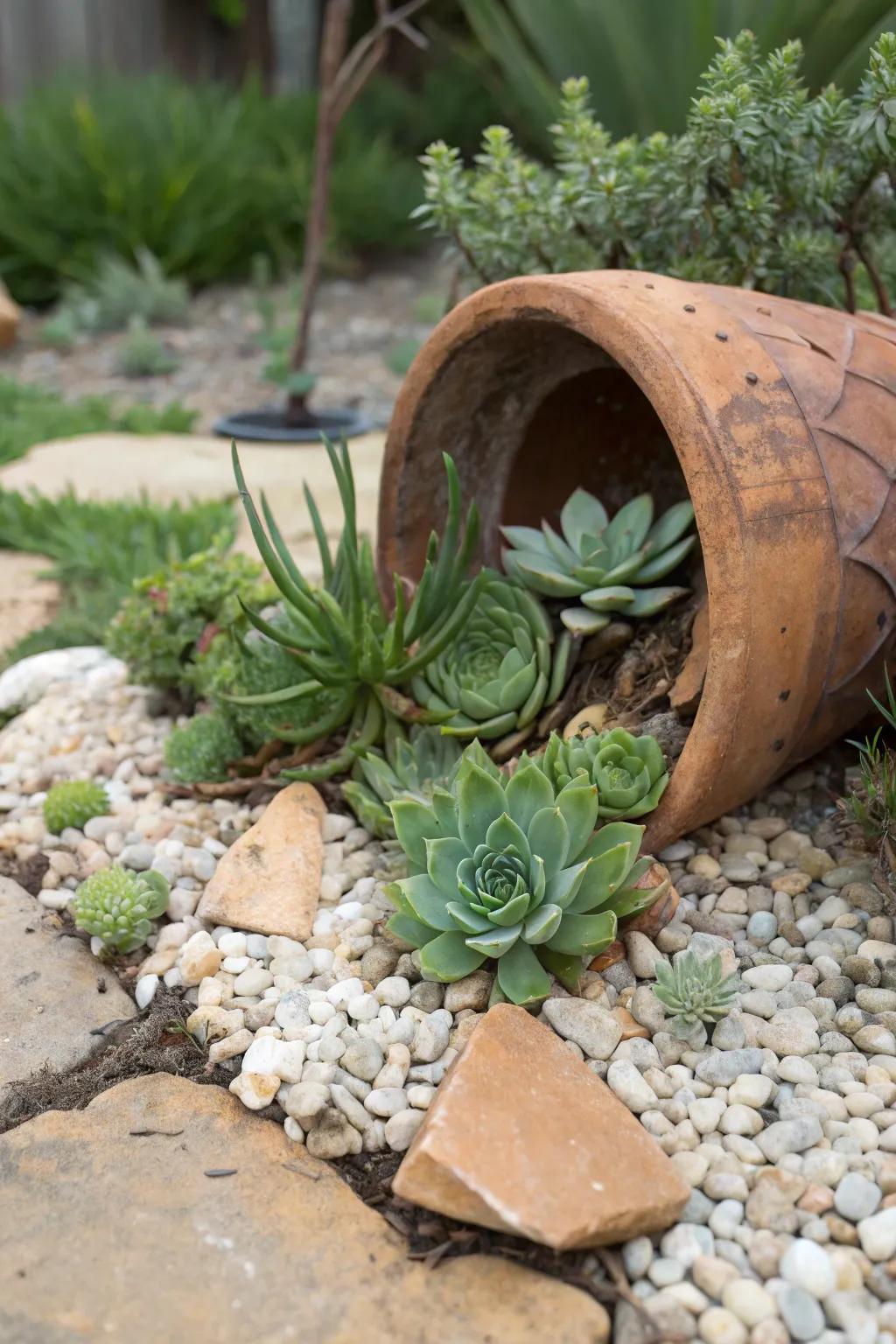 A whimsical garden design using broken pots to showcase succulents.