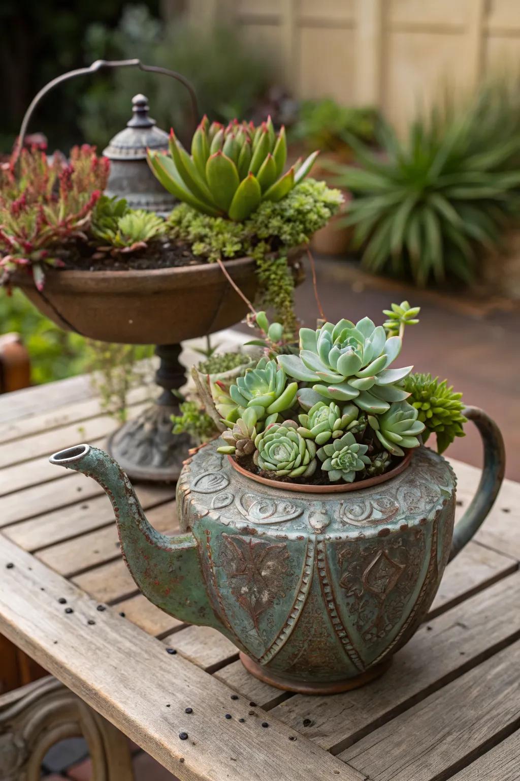 Repurposing vintage items as succulent planters adds character to your garden.