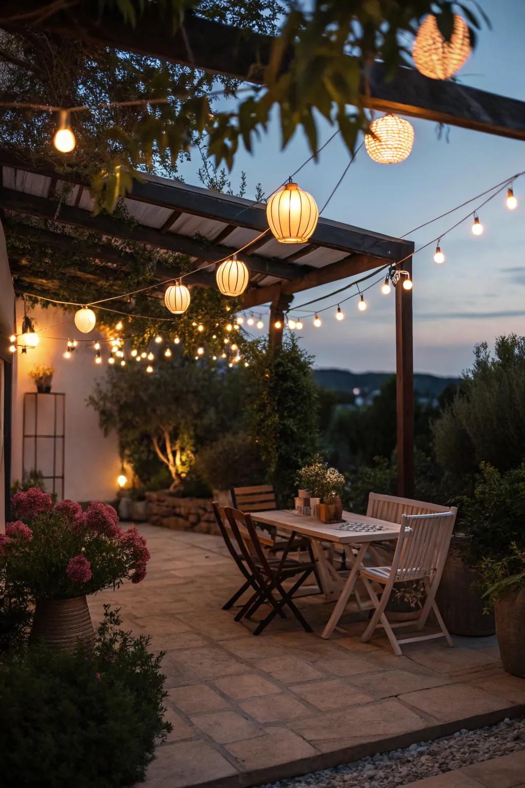 Illuminate your terrace with string lights and lanterns for a magical atmosphere.