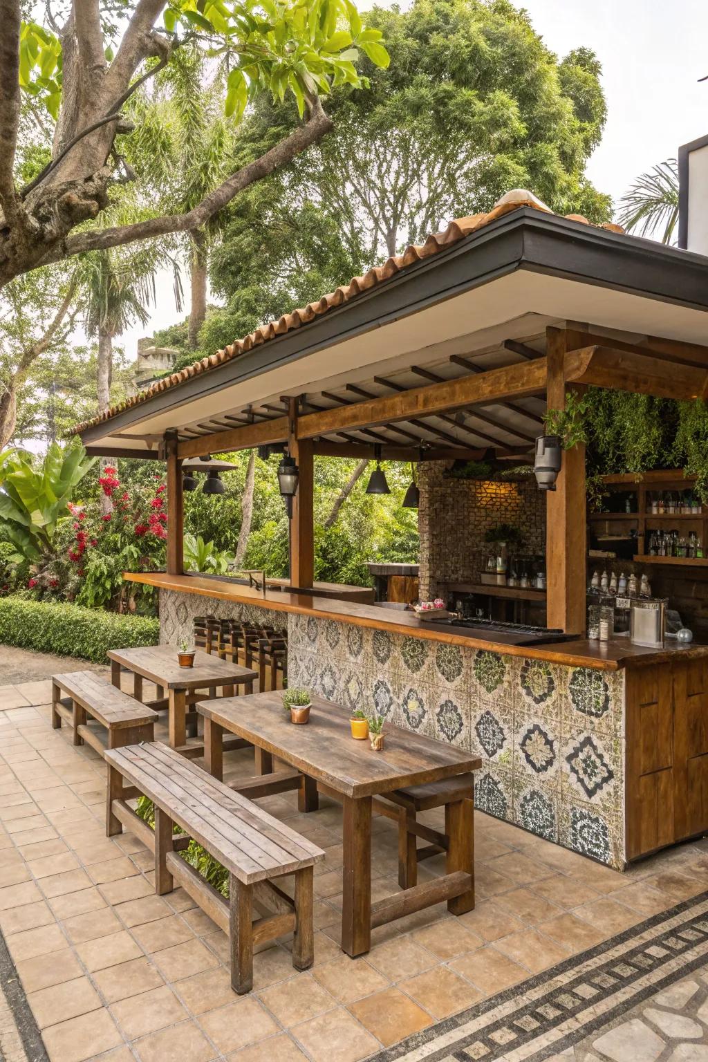 A cozy outdoor bar with rustic wood and tile charm