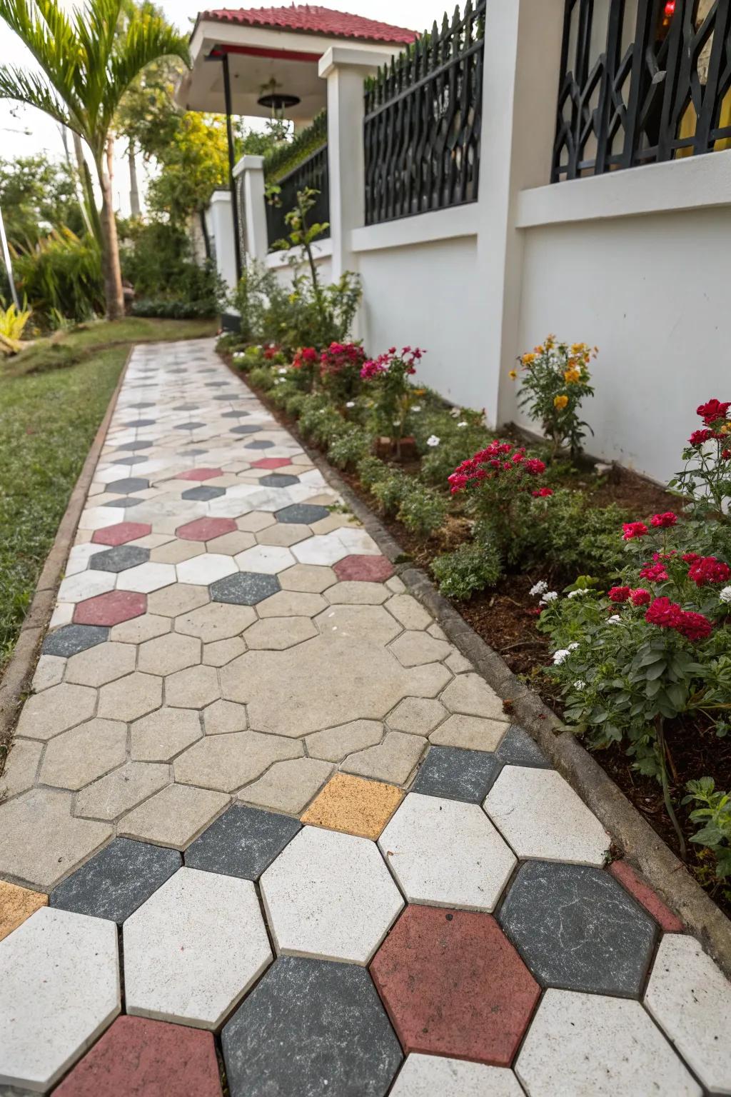Hexagon tiles add a modern touch to any outdoor path.