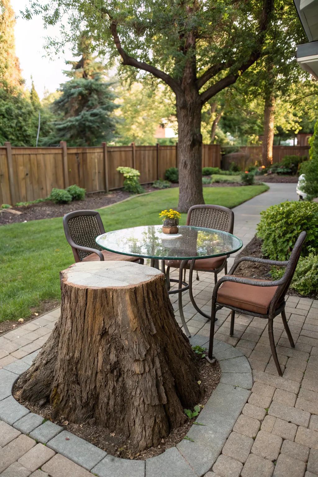 A tree stump dining table, perfect for rustic outdoor meals.