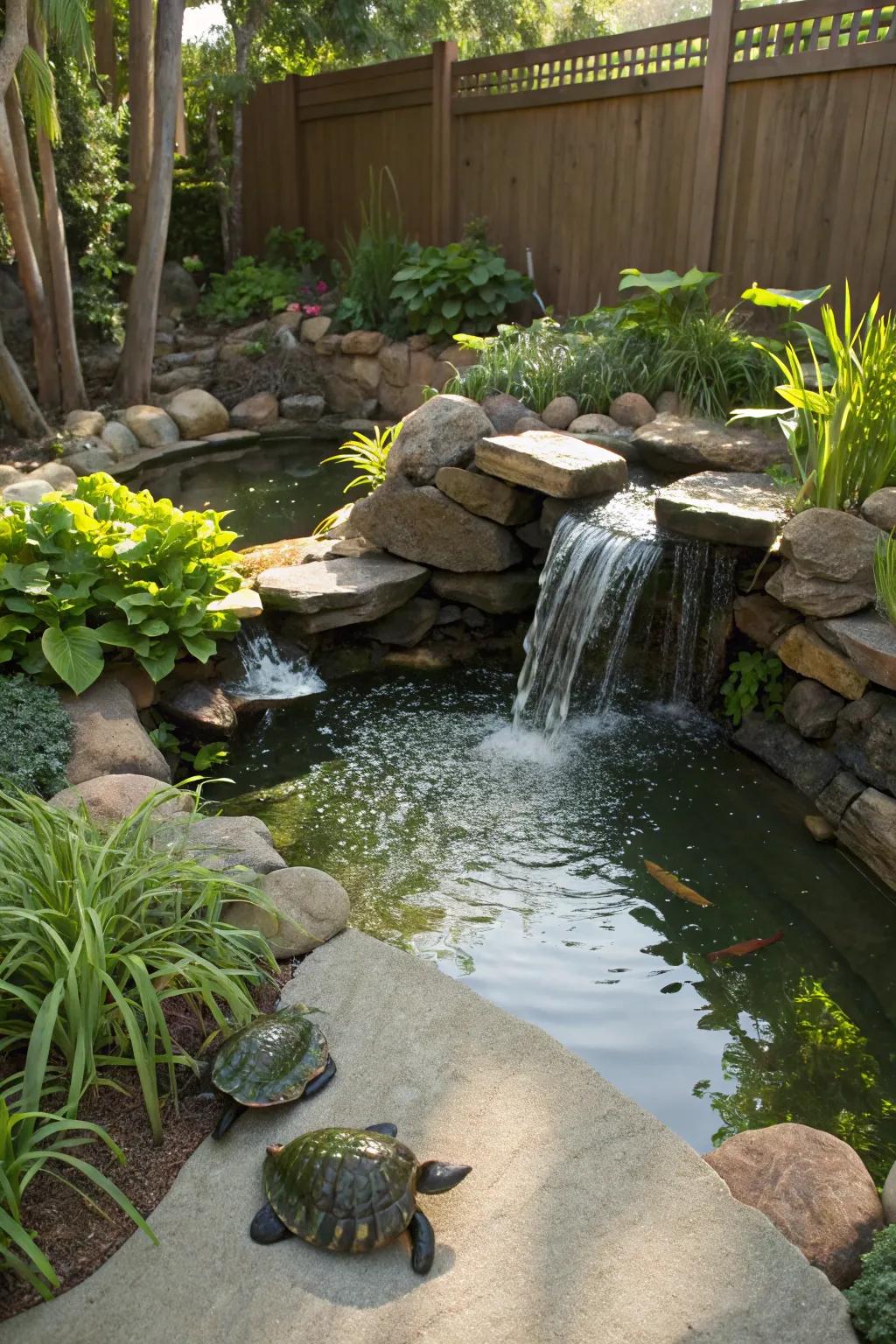 A gentle waterfall adds charm to the turtle pond.