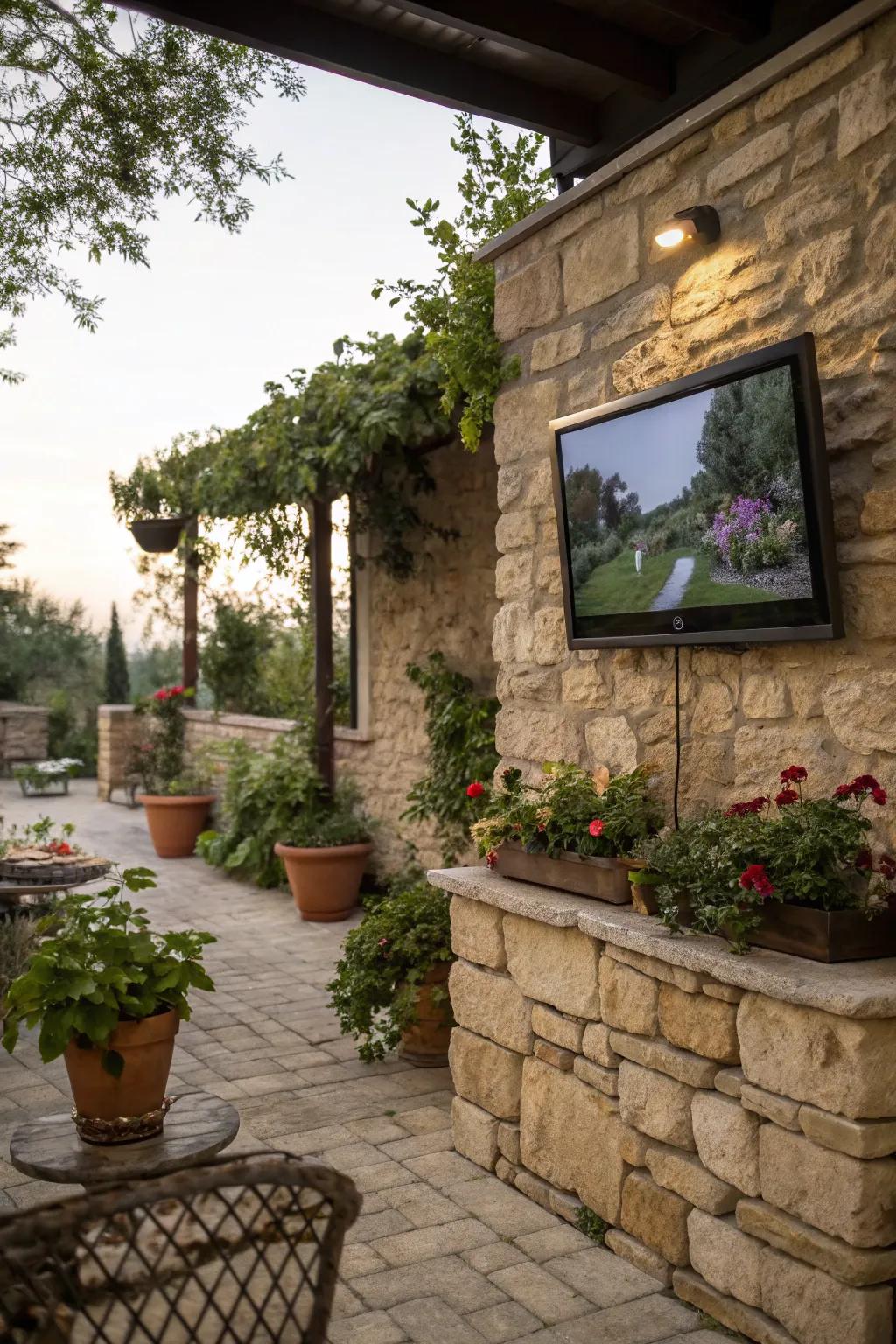 Stone and brick walls provide a sturdy and stylish backdrop for your outdoor TV.