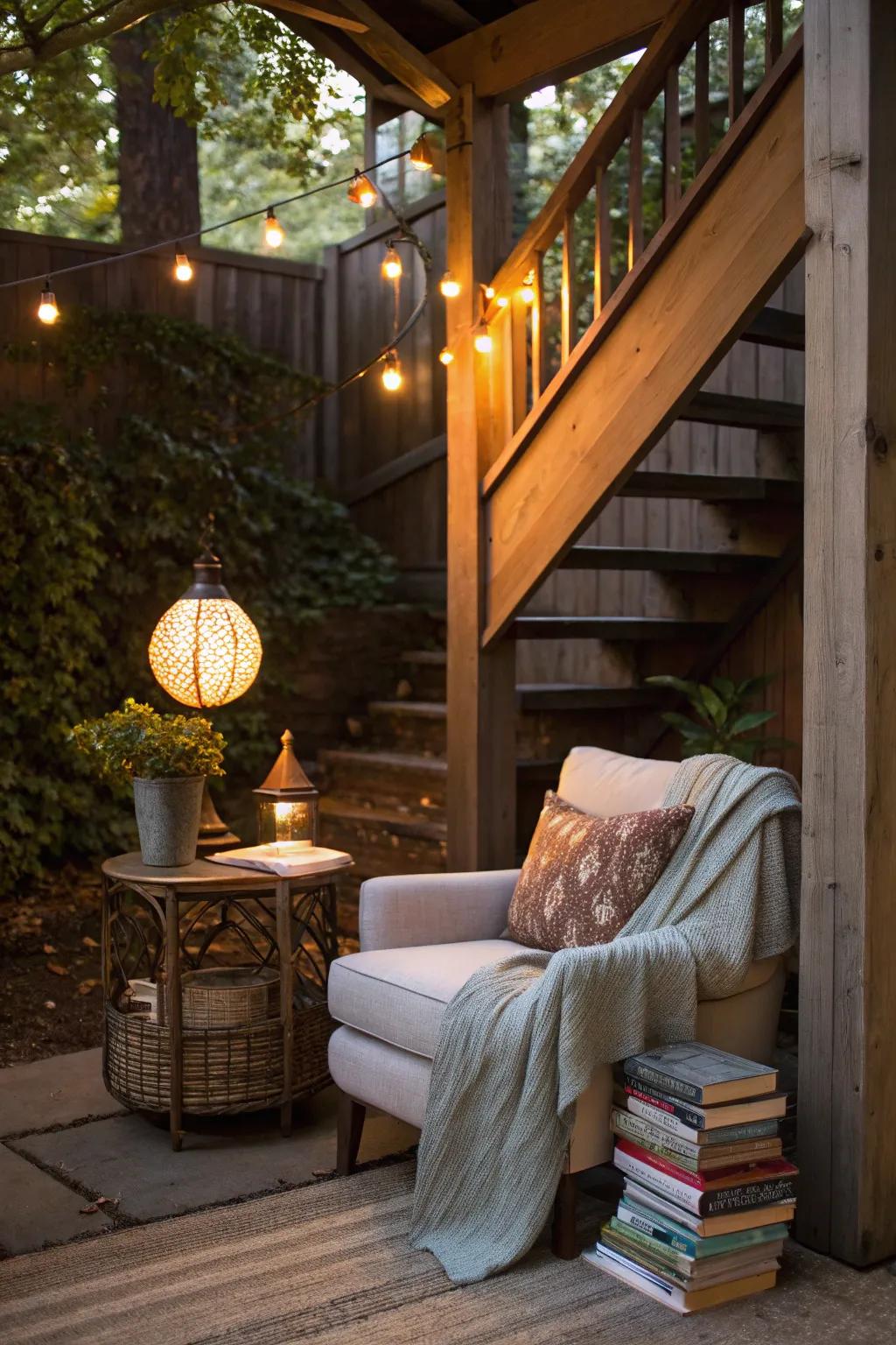 Create a tranquil reading haven under your outdoor stairs.