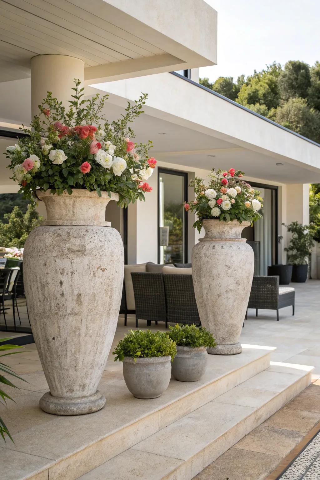 Elegant stone vases bringing sophistication to a modern patio.