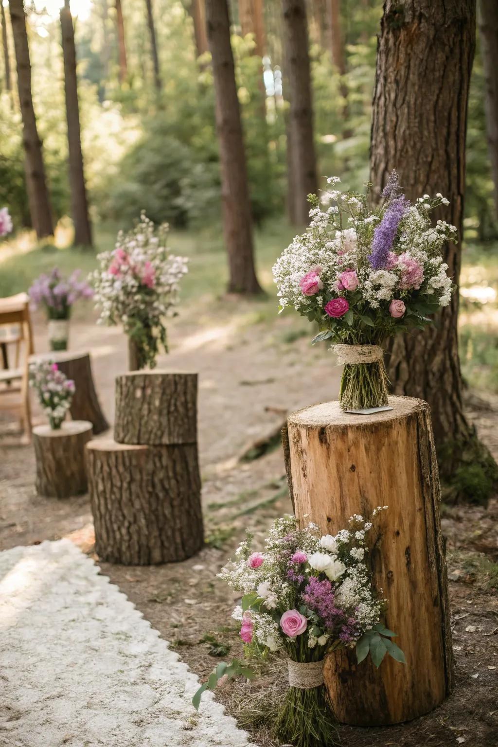 Rustic log pedestals create a charming woodland altar.