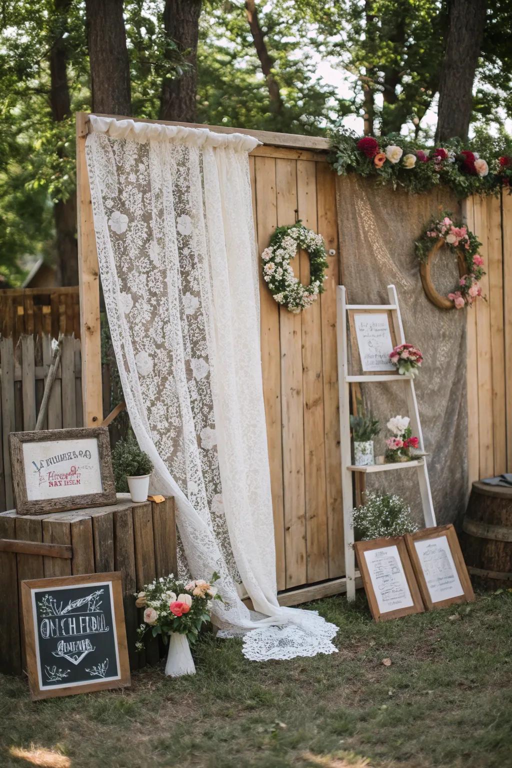 A rustic wooden backdrop adds a touch of warmth and charm to your wedding photos.