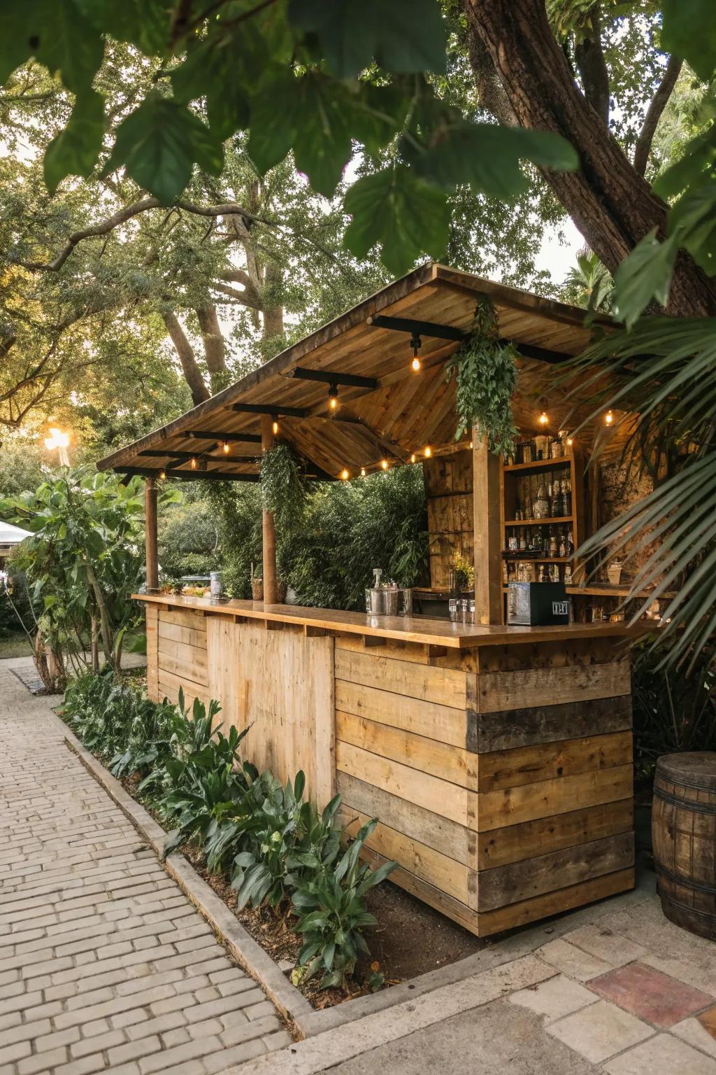 A rustic bar crafted from reclaimed wood, seamlessly blending into its natural surroundings.