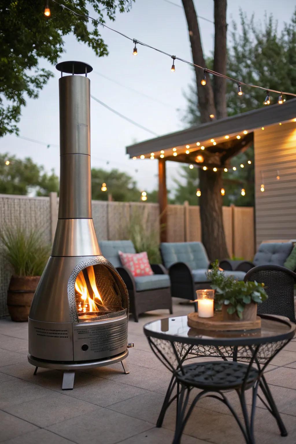 A chic metal chiminea for a modern outdoor touch.