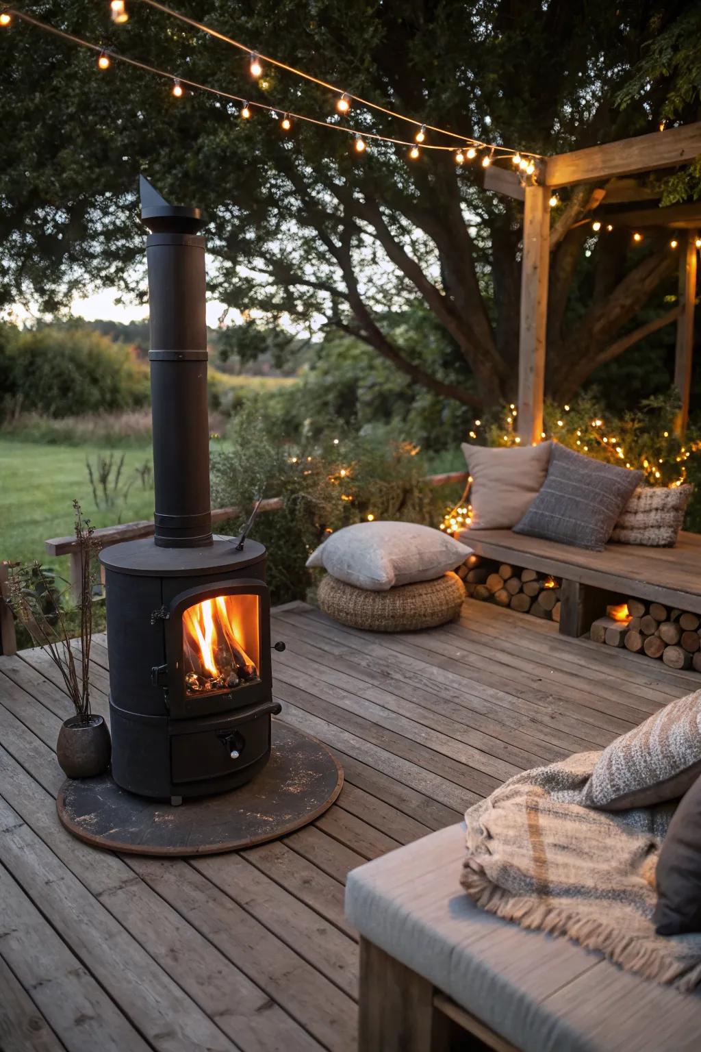 Create a warm gathering spot on your deck with a wood stove.