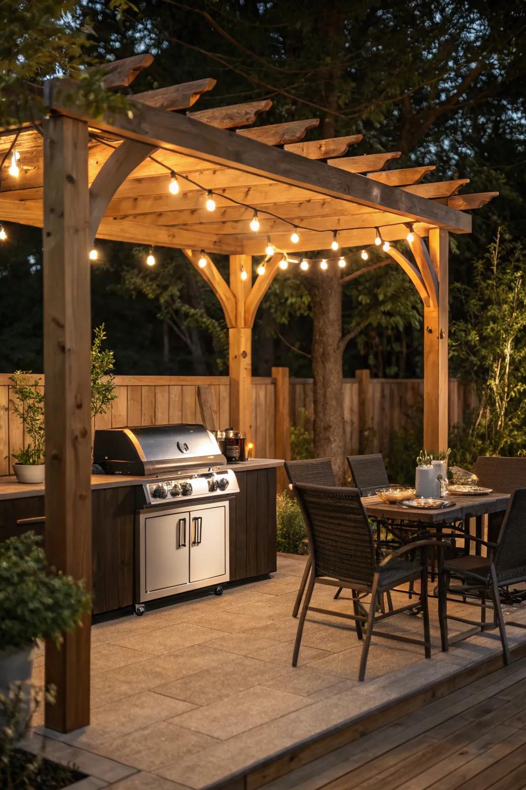 A pergola creates a sheltered haven for your grilling adventures.