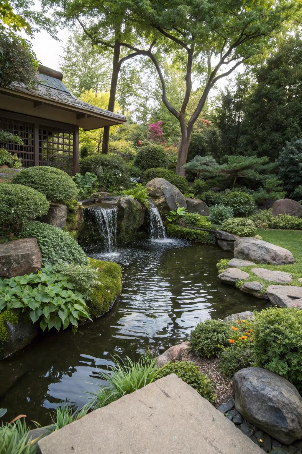 A calming water feature in an outdoor zen garden