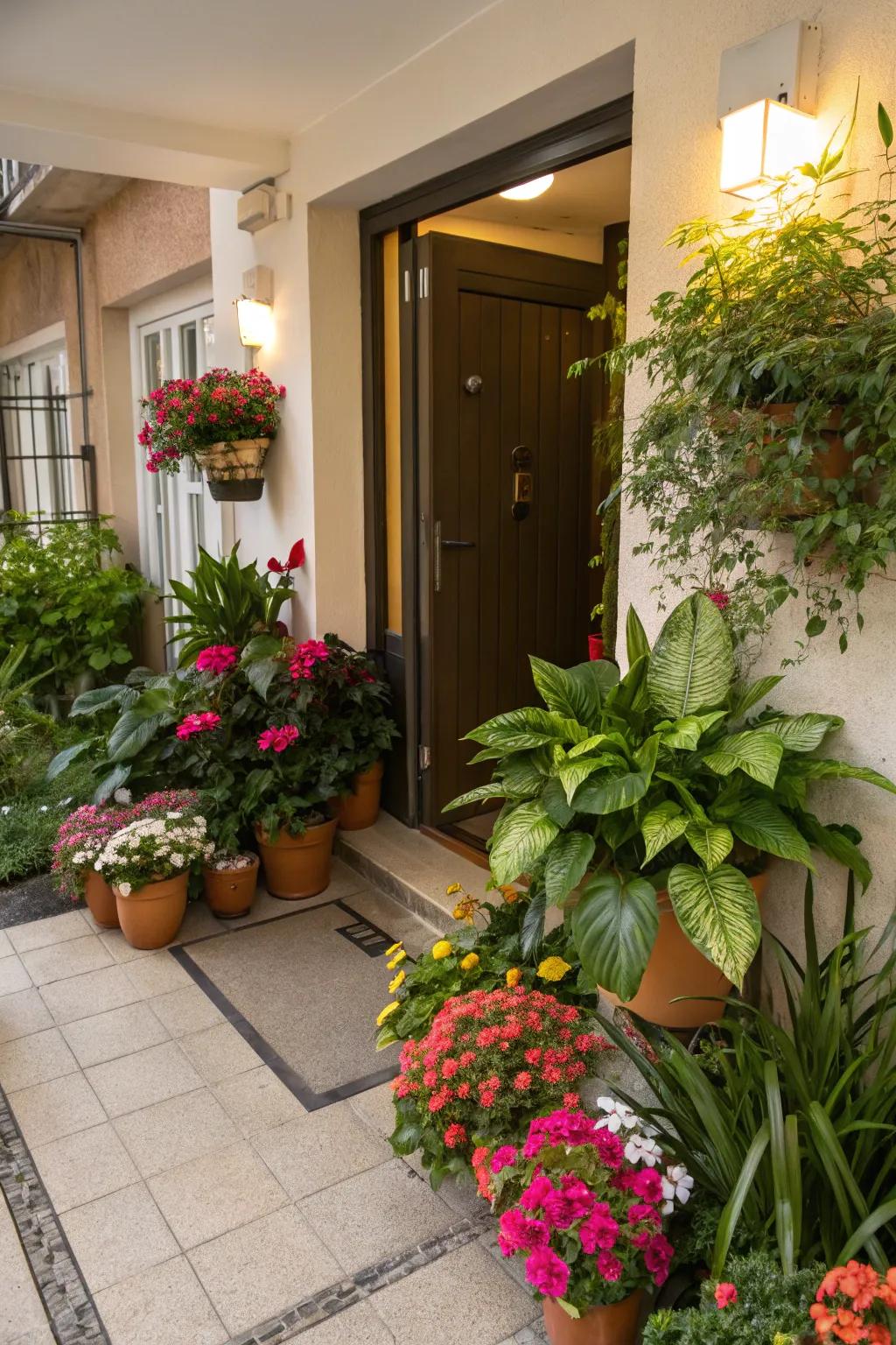 A lively collection of potted plants at an apartment entrance.