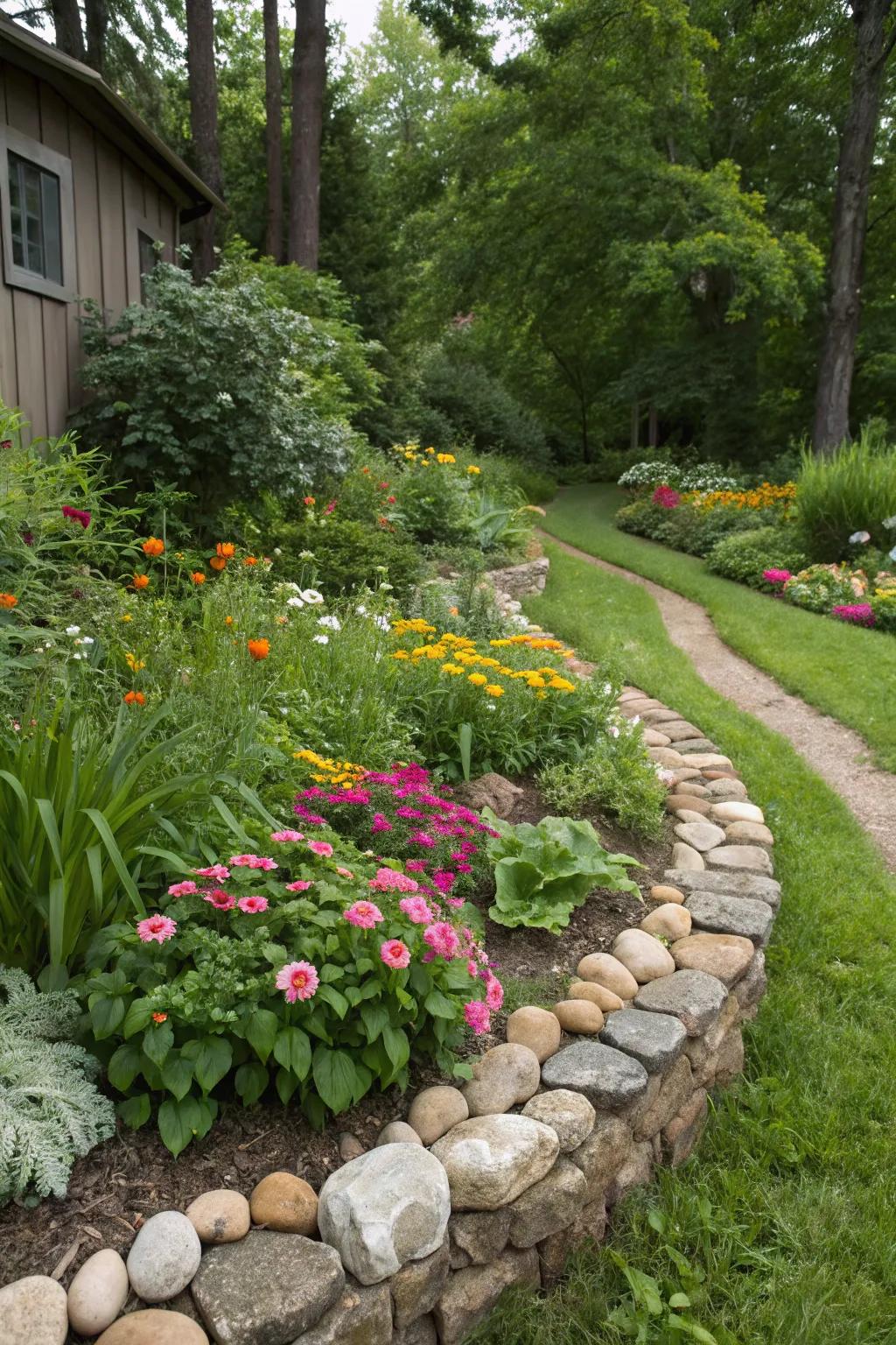 Natural stones provide a rustic border to this floral display.