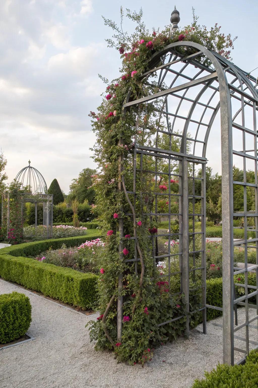 A chic metal trellis offering a modern touch to a vibrant garden.