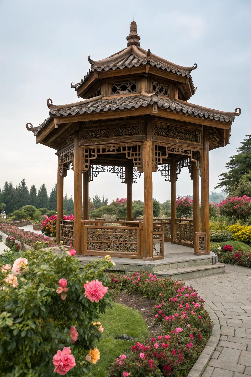 A wooden pagoda-style gazebo offers a perfect retreat amidst blooming flowers.