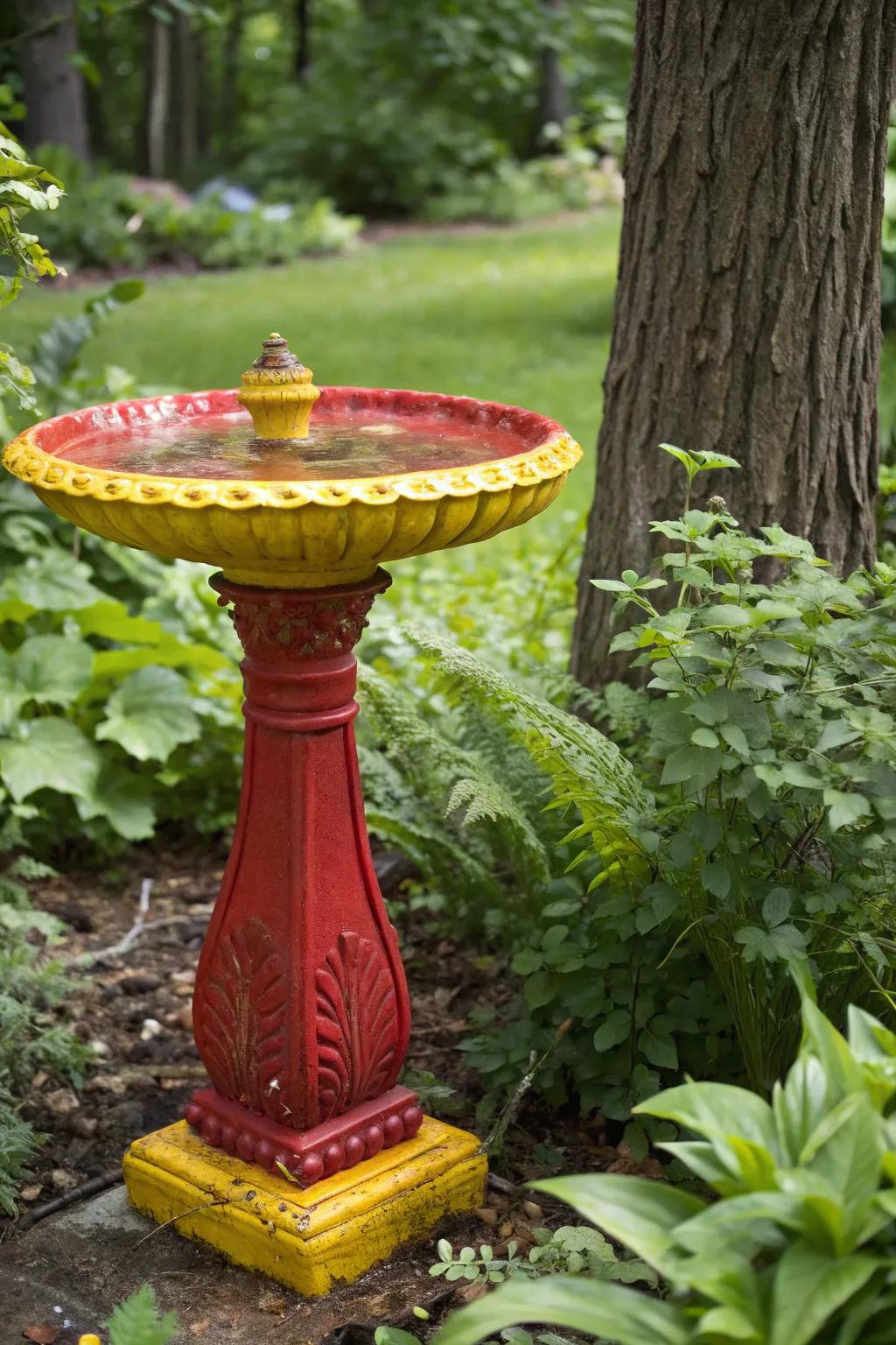 A bold color splash transforms this bird bath into a garden focal point.