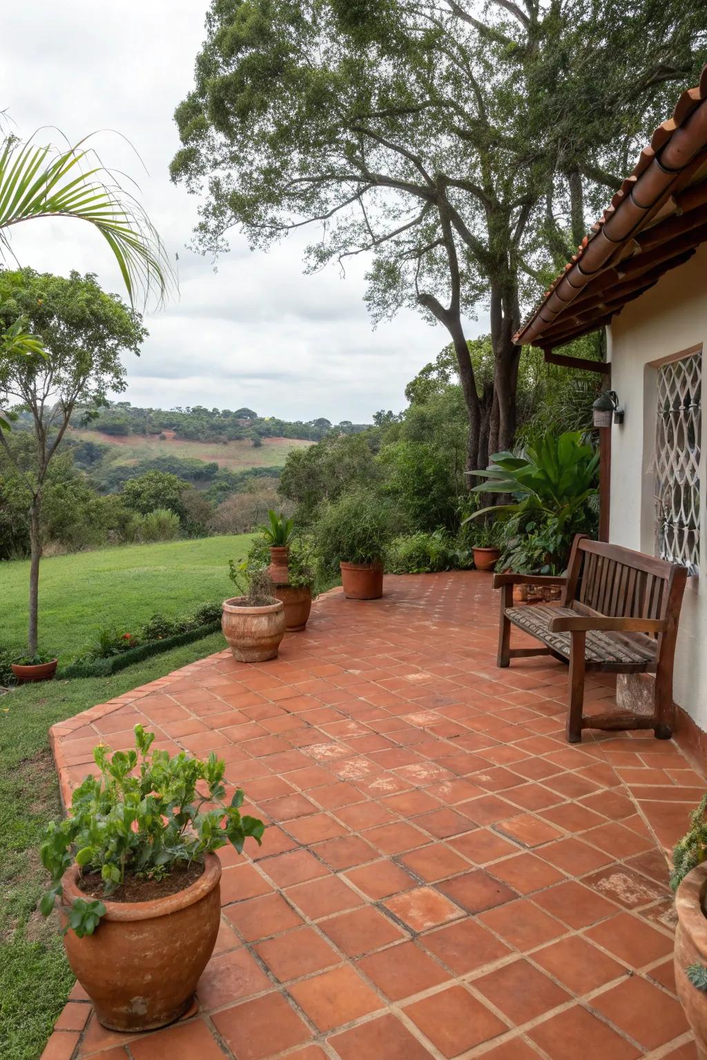 Earthy tones on a brick patio bring a rustic charm to your outdoor living space.