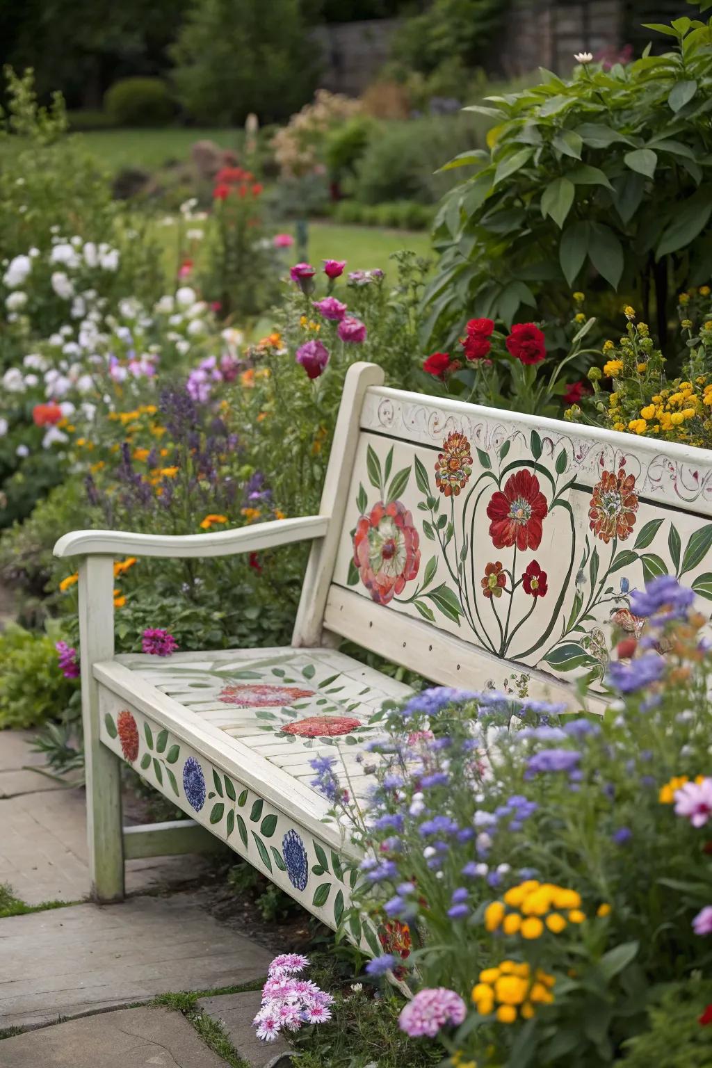 A garden bench with floral motifs that mirrors the surrounding blooms.