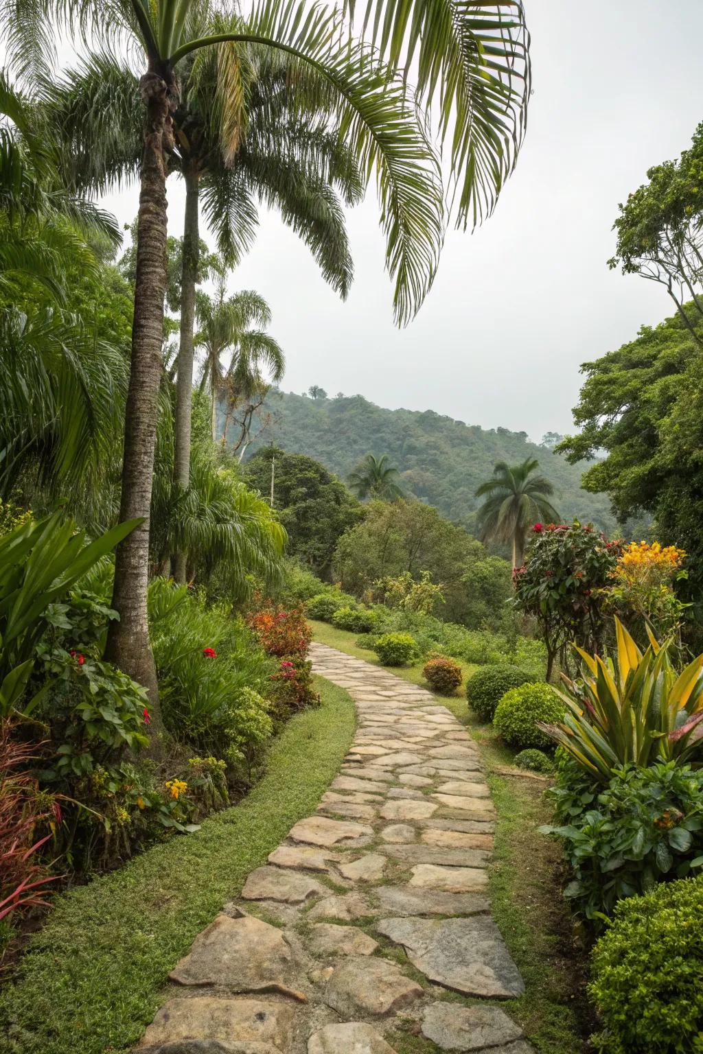 A decorative pathway winds through lush palm trees.