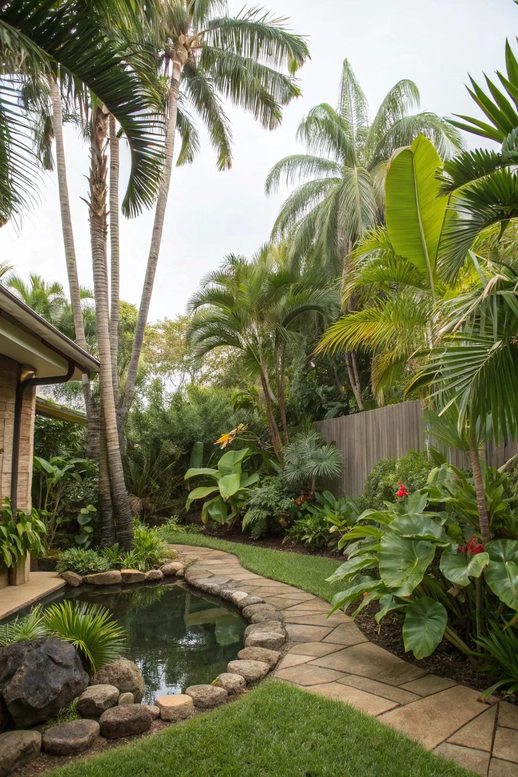 Mix palm species for a tropical retreat.
