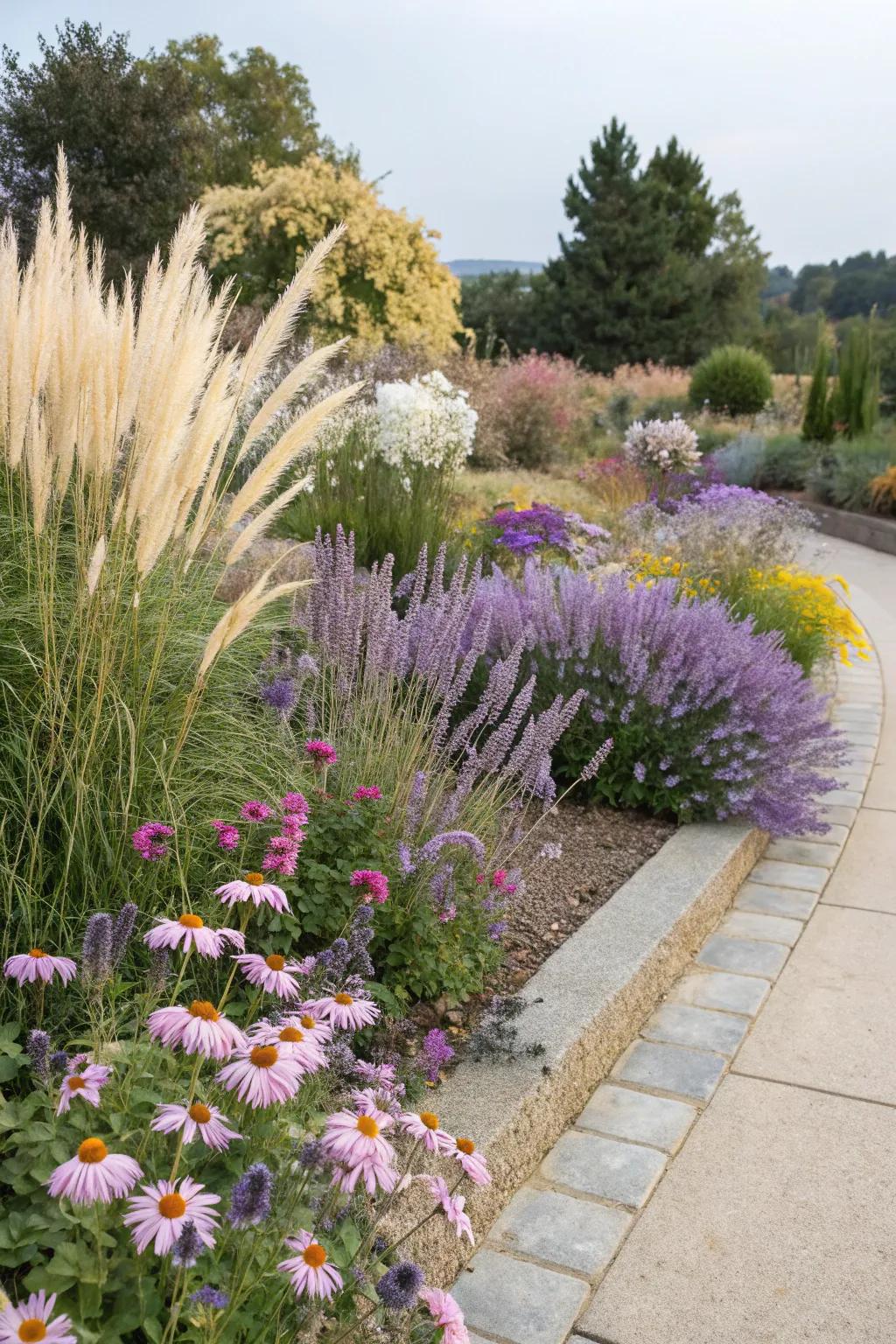 Mix pampas grass with perennials for a textured garden bed.
