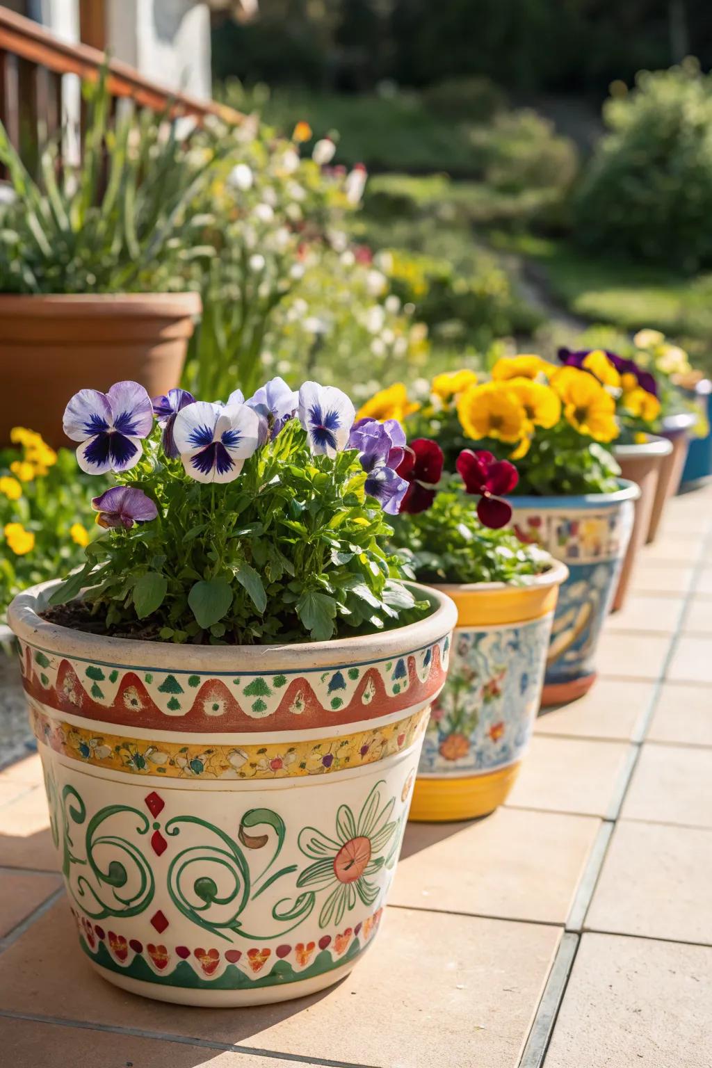 Elegant ceramic pots elevate the beauty of pansies.