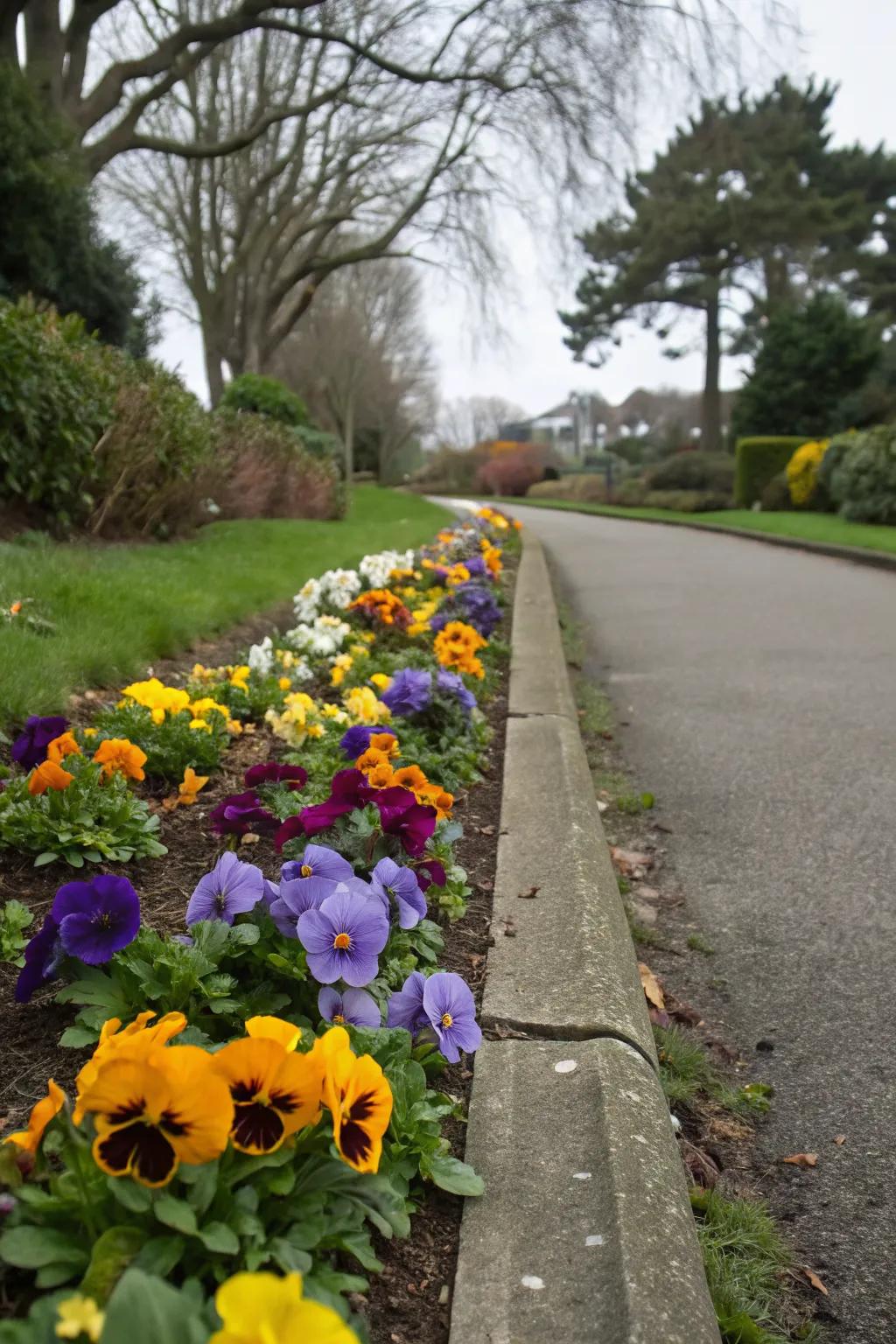 A garden pathway beautifully bordered with vibrant pansies.