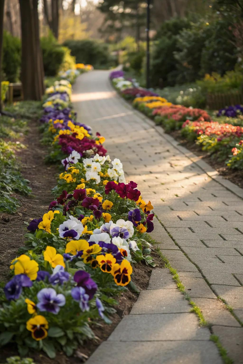 A garden path beautifully bordered with vivid pansies.