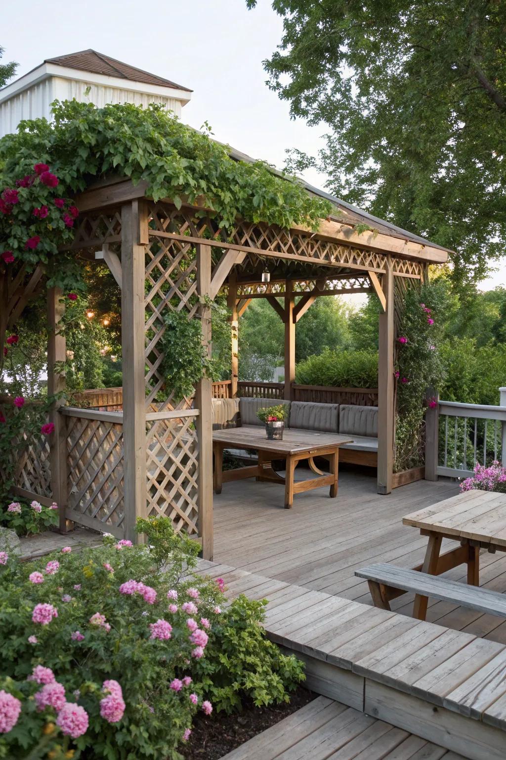 A covered deck area offering comfort and style.